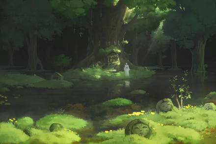 Anime HD desktop wallpaper featuring a serene forest scene with a treehouse, lush greenery, a pond, and moss-covered statues.