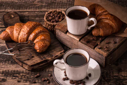 still life viennoiserie coffee beans croissant cup coffee food breakfast HD Desktop Wallpaper | Background Image