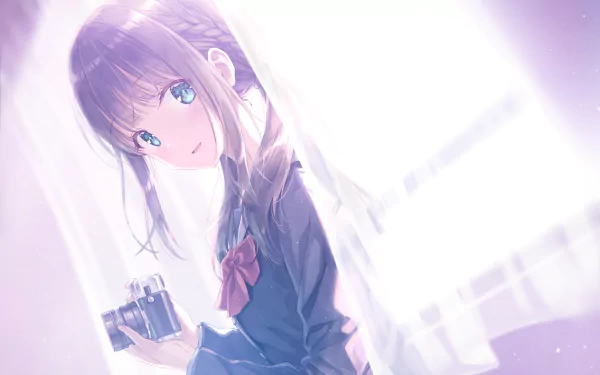 An anime girl with blue eyes holds a camera beside fluttering curtains, set as an HD desktop wallpaper and background.