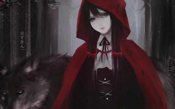 HD fantasy desktop wallpaper featuring Red Riding Hood in a dark forest with a mysterious wolf by her side.