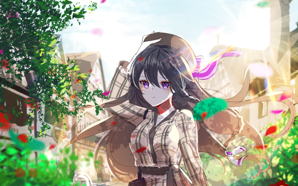 Anime Original Long Hair Black Hair Flower Sunbeam Petal bow Purple Eyes HD Wallpaper | Background Image