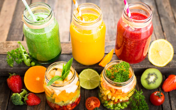 A vibrant still life featuring assorted fruits, colorful smoothies, and fresh ingredients in jars, captured in stunning 8K Ultra HD for a vivid PC desktop wallpaper.