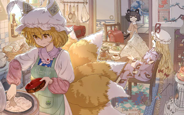 HD anime desktop wallpaper featuring Touhou characters Yukari Yakumo, Chen, and Ran Yakumo in a warmly lit, detailed kitchen setting.