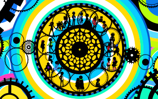 4K Ultra HD PC desktop wallpaper featuring vibrant, circular gear and clockwork designs with silhouetted characters from the video game Persona Q: Shadow of the Labyrinth.
