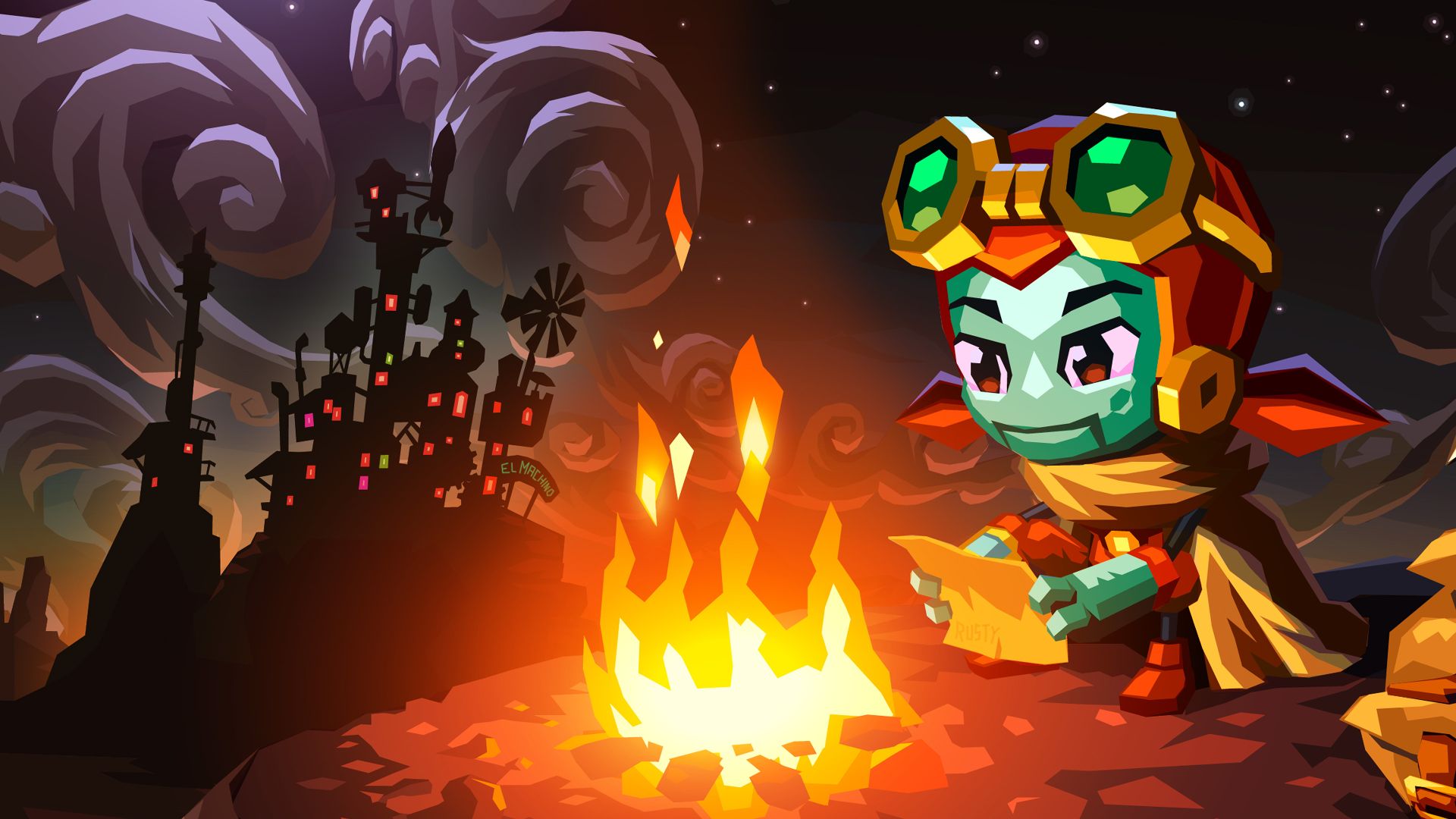 HD wallpaper of SteamWorld Dig 2 featuring the robot protagonist by a campfire with a dark, swirled skyline in the background.