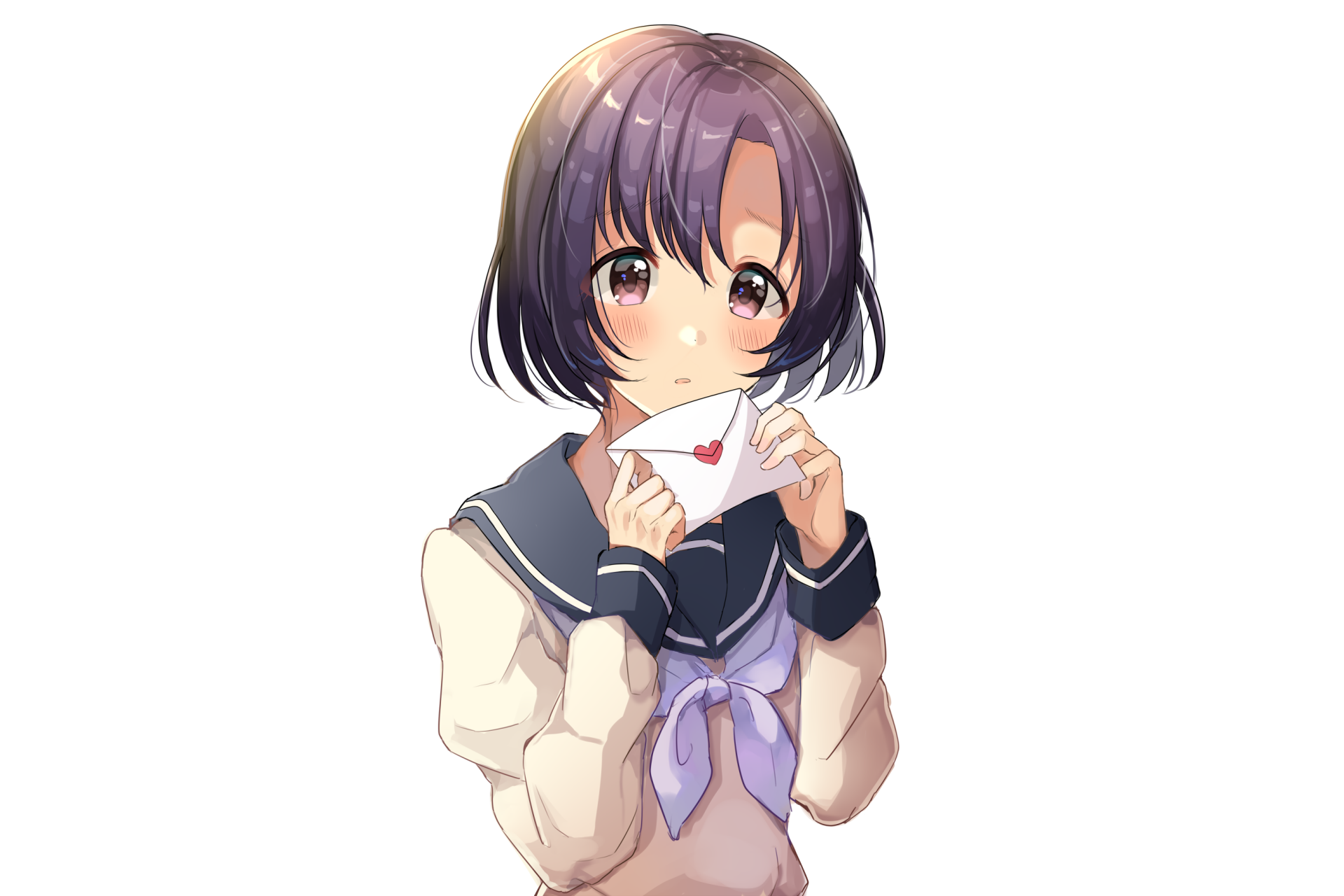 Hotaru Shiragiku from The iDOLM@STER Cinderella Girls — anime portrait of a schoolgirl with short purple hair and lavender-bow sailor uniform, holding a heart-sealed letter. 2K Quad HD PC wallpaper.