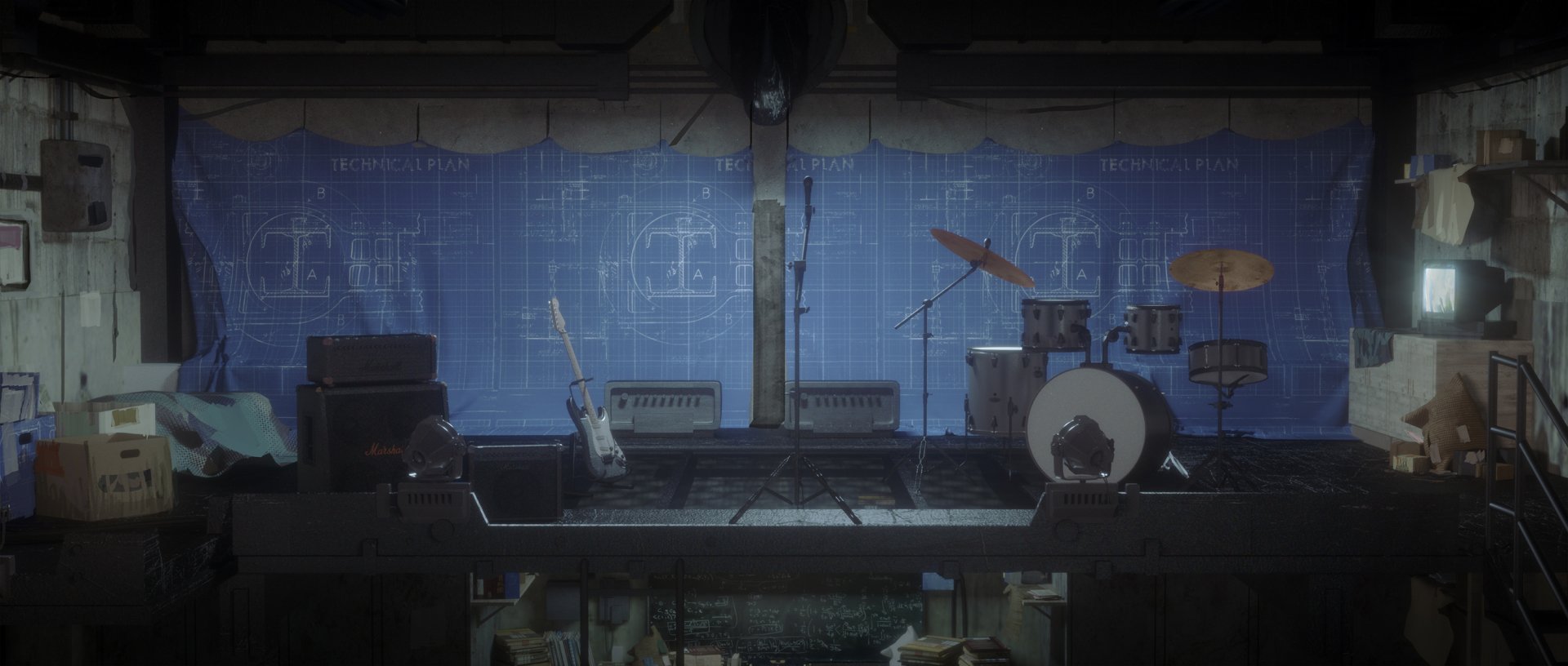 HD anime-style desktop wallpaper featuring a dimly lit music stage with schematics in the background, highlighting a guitar and drum set.