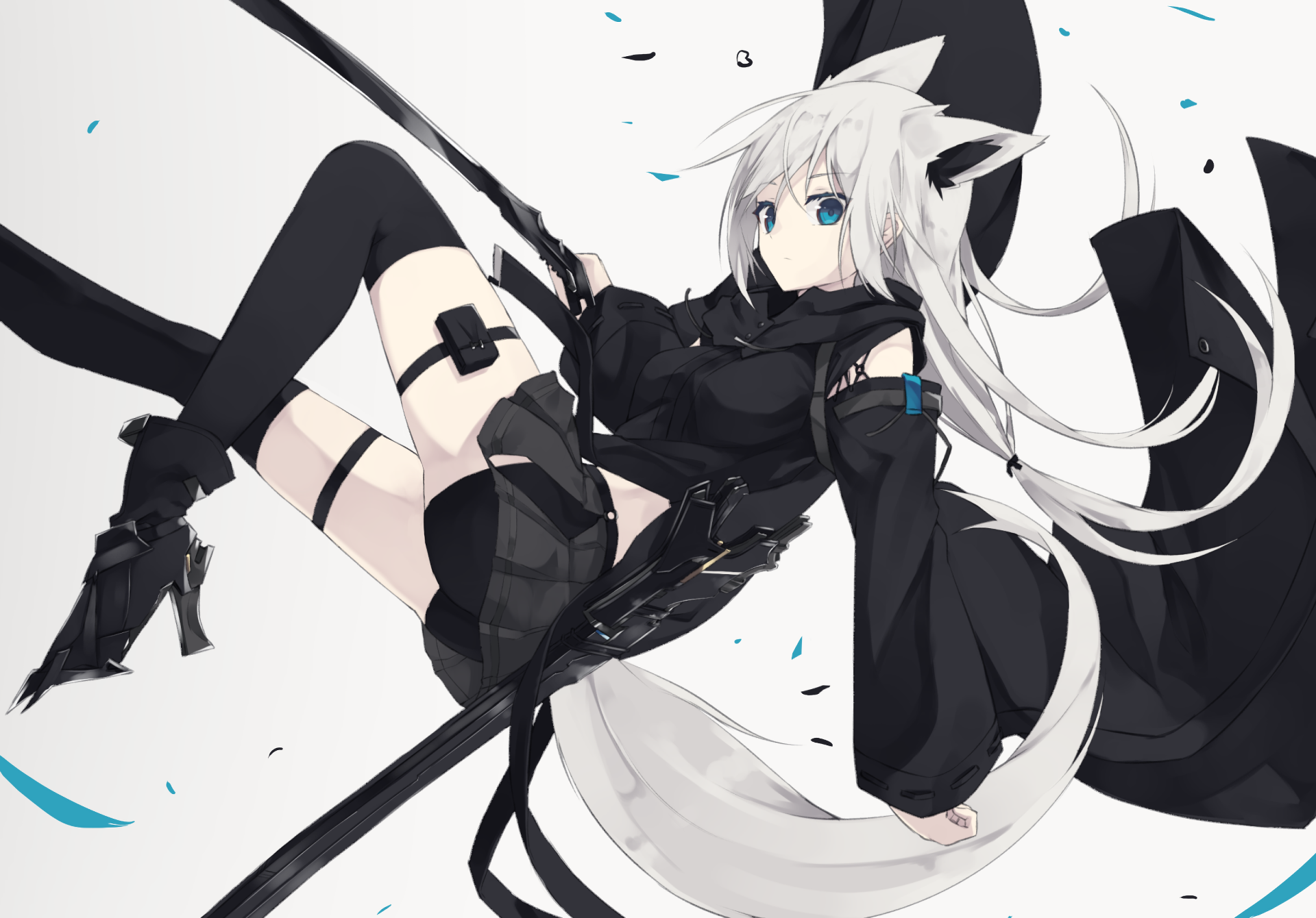 HD anime desktop wallpaper featuring an original character with white hair, blue eyes, and fox-like ears and tail, dressed in a black outfit, set against a minimalist background.