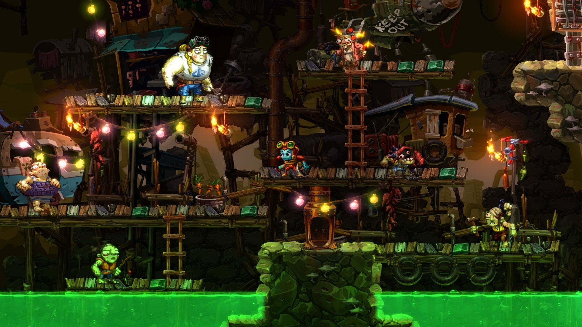 HD desktop wallpaper of SteamWorld Dig 2, featuring vibrant underground scenes with robotic characters and atmospheric lighting.