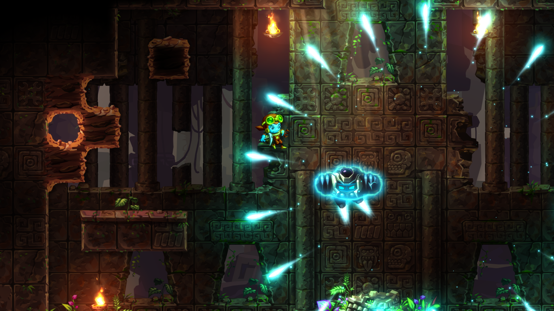 HD wallpaper from SteamWorld Dig 2 showing a robot character mining in an intricate underground cavern.