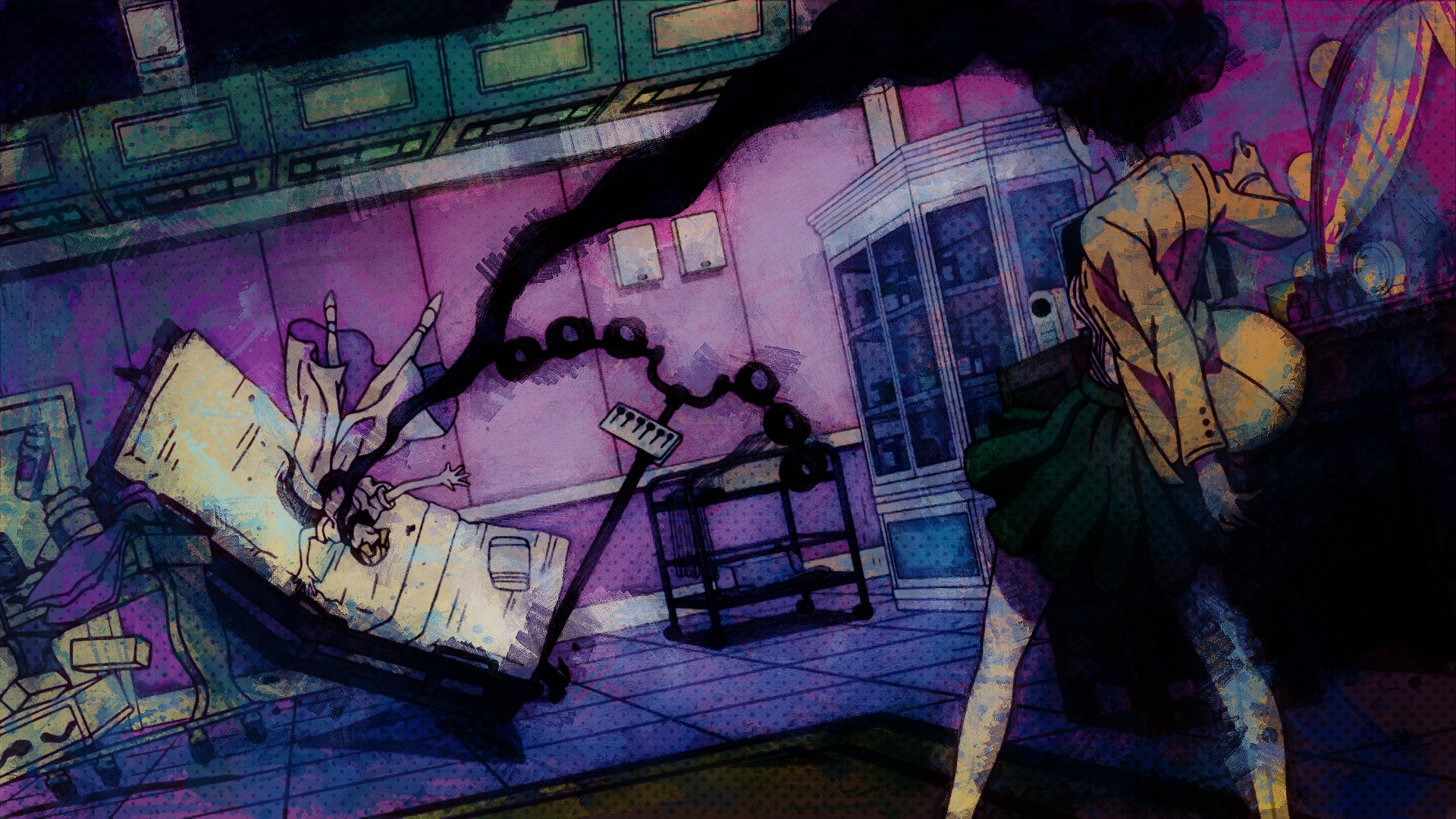 Anime HD PC desktop wallpaper of Aya Tsuji and Yukako Yamagishi from JoJo's Bizarre Adventure, Yukako's living hair lashes a hospital bed in a moody purple room.