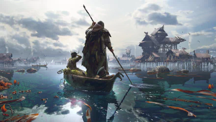 HD PC desktop wallpaper background: two figures in a small boat on a reflective river under a clouded sky, approaching stilted buildings in a vast fantasy adventure landscape.