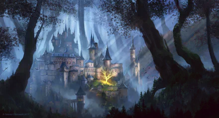 A fantasy castle bathed in sunbeams, nestled within a mysterious forest of towering trees, rendered in HD as a captivating PC desktop wallpaper.