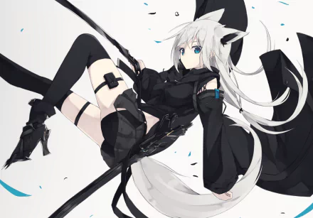 HD anime desktop wallpaper featuring an original character with white hair, blue eyes, and fox-like ears and tail, dressed in a black outfit, set against a minimalist background.