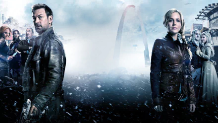 HD PC desktop wallpaper for TV show Defiance: two lead characters stand back-to-back amid snow and debris in a ruined cityscape beneath a cloudy sky.