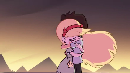 Marco Diaz and Star Butterfly share an emotional hug against a dramatic sunset backdrop. From the TV show Star vs. the Forces of Evil, this HD desktop wallpaper captures a touching moment between the characters.