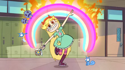HD PC desktop wallpaper featuring Star Butterfly from the TV show Star vs. the Forces of Evil, joyfully casting a spell with a rainbow arch and a small blue cat nearby.