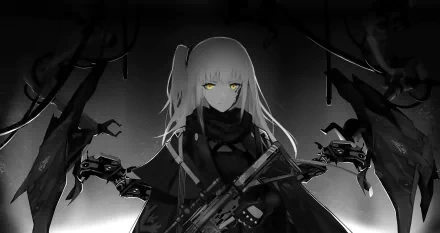 HD desktop wallpaper featuring AR15 from the video game Girls Frontline, in monochrome with striking yellow eyes, holding a firearm amidst a dark, atmospheric background.