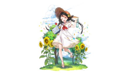 Anime-style original HD desktop wallpaper featuring a girl in a white dress and straw hat surrounded by sunflowers under a bright sky.