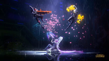 HD League of Legends desktop wallpaper featuring characters Vayne, Vi, and Jhin in a dynamic rainy night scene with glowing effects and falling petals.