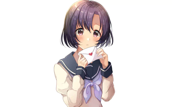 Hotaru Shiragiku from The iDOLM@STER Cinderella Girls — anime portrait of a schoolgirl with short purple hair and lavender-bow sailor uniform, holding a heart-sealed letter. 2K Quad HD PC wallpaper.