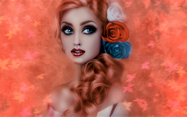 Artistic Painting Redhead Flower Rose Hair Lipstick Blue Eyes HD Wallpaper | Background Image