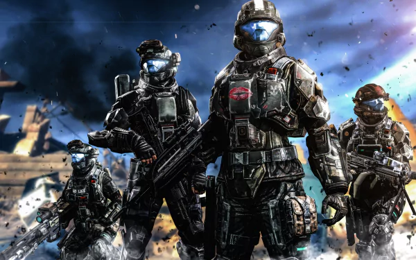 A high-definition desktop wallpaper featuring four futuristic armored warriors with weapons, set in a chaotic background, inspired by the video game Halo.