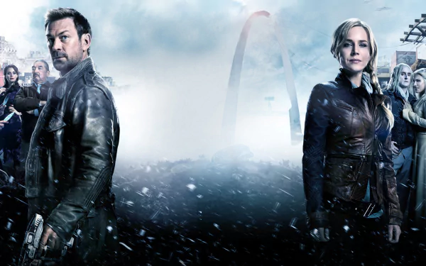 HD PC desktop wallpaper for TV show Defiance: two lead characters stand back-to-back amid snow and debris in a ruined cityscape beneath a cloudy sky.
