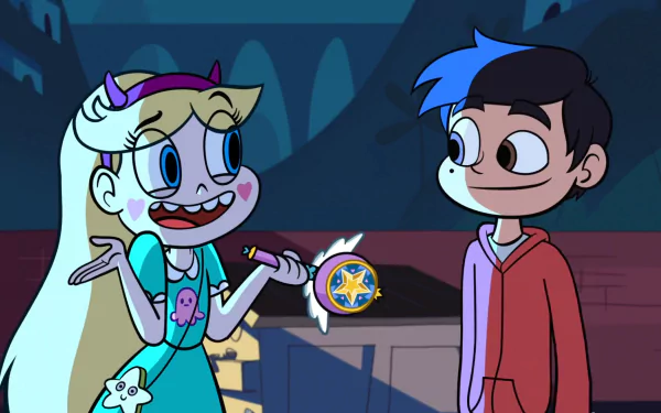 HD PC desktop wallpaper: Star Butterfly offers her glowing wand to Marco Diaz from the TV show Star vs. the Forces of Evil, both smiling against a nighttime town backdrop.