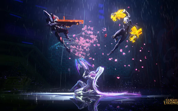 HD League of Legends desktop wallpaper featuring characters Vayne, Vi, and Jhin in a dynamic rainy night scene with glowing effects and falling petals.