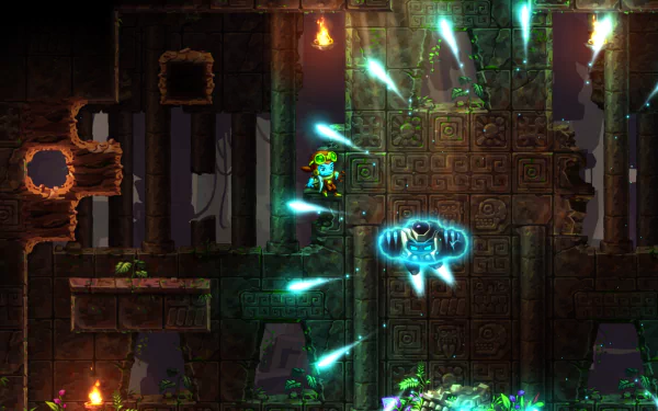 HD wallpaper from SteamWorld Dig 2 showing a robot character mining in an intricate underground cavern.