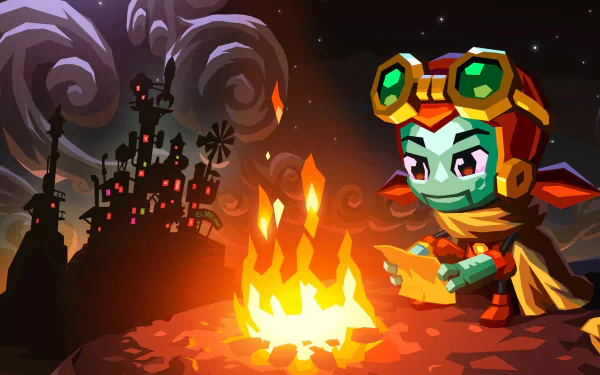 HD wallpaper of SteamWorld Dig 2 featuring the robot protagonist by a campfire with a dark, swirled skyline in the background.