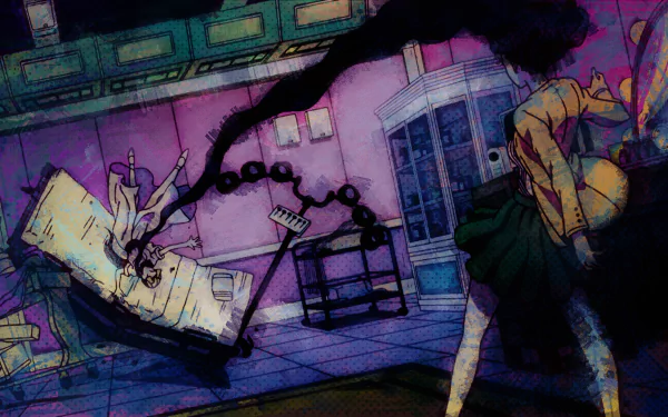 Anime HD PC desktop wallpaper of Aya Tsuji and Yukako Yamagishi from JoJo's Bizarre Adventure, Yukako's living hair lashes a hospital bed in a moody purple room.