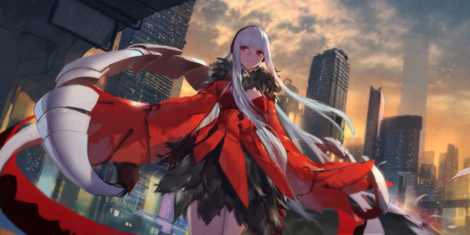 HD PC desktop wallpaper featuring a character in red and black attire from the video game Forever 7th Capital against a city skyline at sunset.