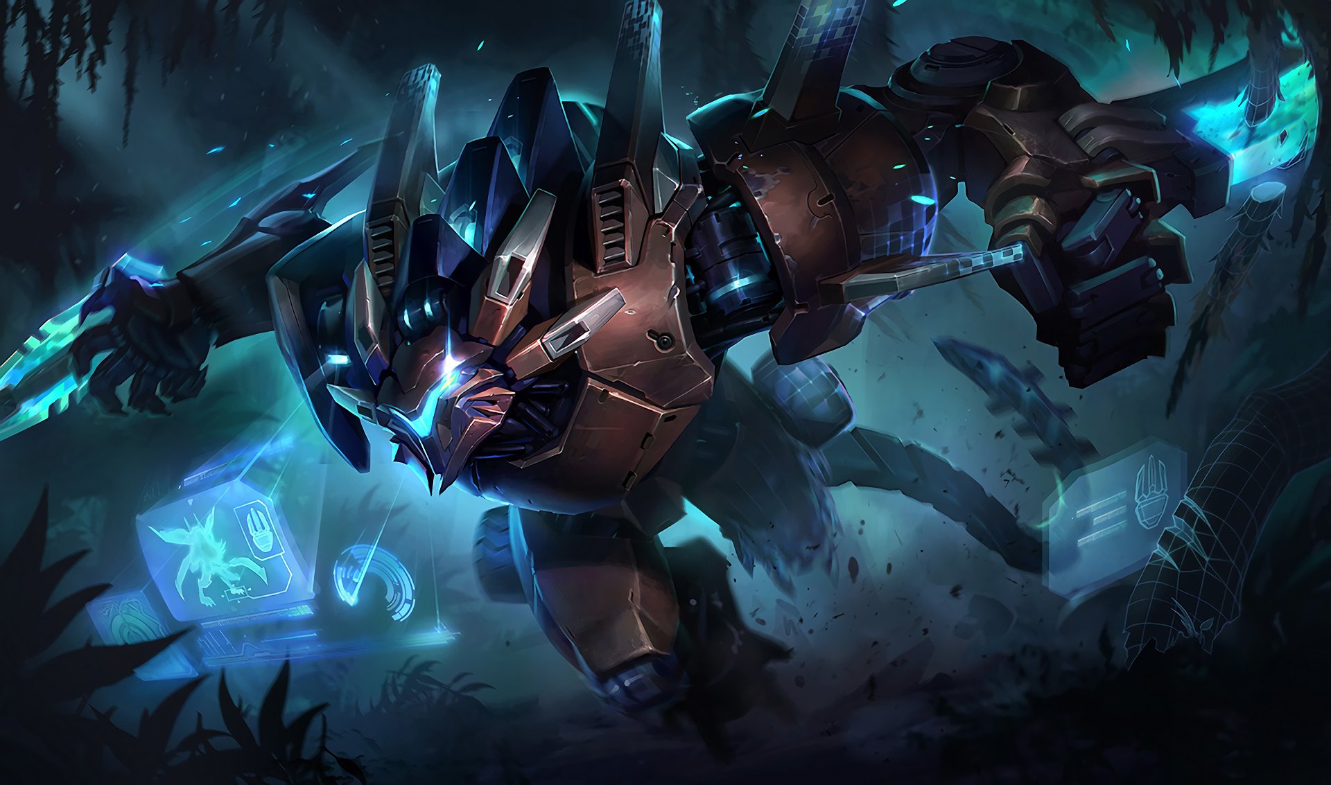 HD PC desktop wallpaper featuring Rengar from League of Legends in a dark, futuristic forest setting, showcasing his armored, mechanical design in the video game.