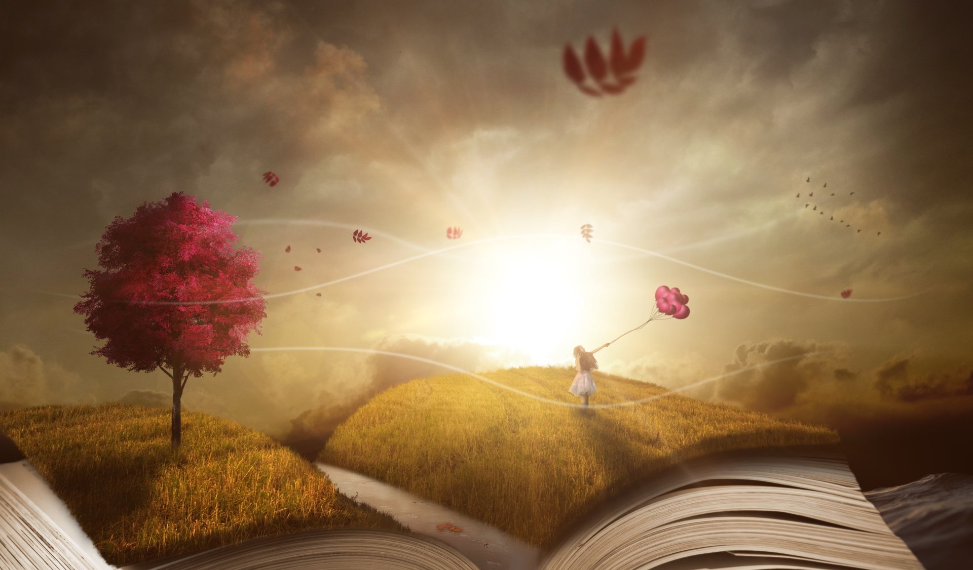 A fantasy scene of a girl holding a balloon, standing on an open book with grassy hills, a red tree, and glowing light, rendered in 4K Ultra HD for PC desktop wallpaper.