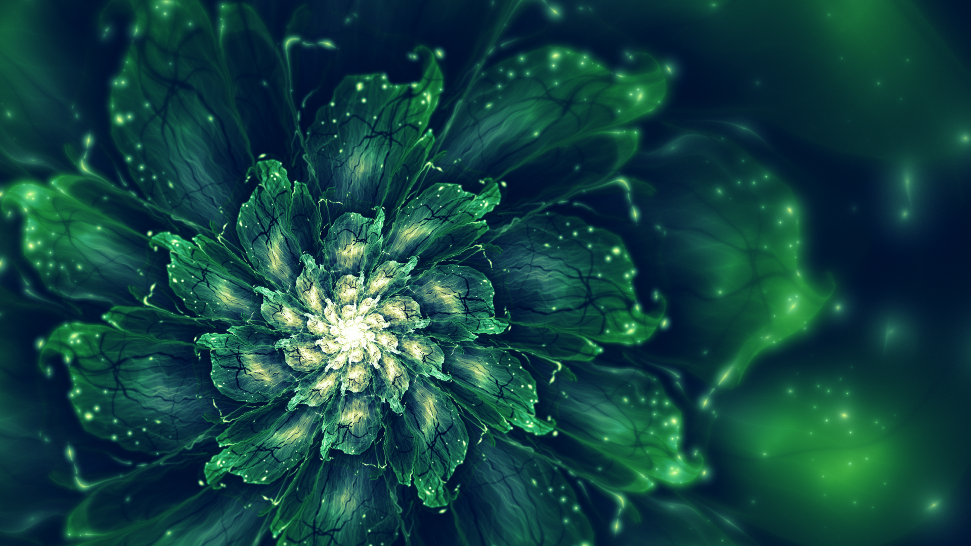 HD desktop wallpaper featuring a green, abstract fractal flower with a psychedelic, trippy pattern. The intricate design creates a mesmerizing background.