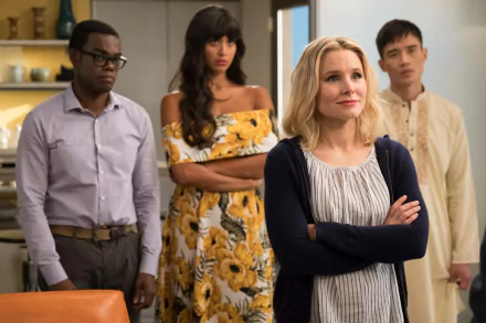 HD desktop wallpaper and background featuring characters from 'The Good Place,' captured in a thoughtful moment.