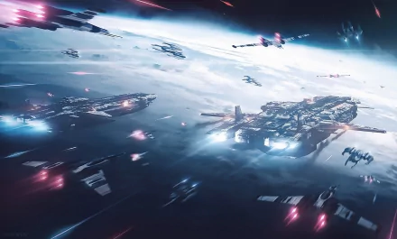 A high-definition wallpaper of a sci-fi spaceship scene with multiple aircraft engaged in a space battle, with various ship designs against a galactic backdrop.