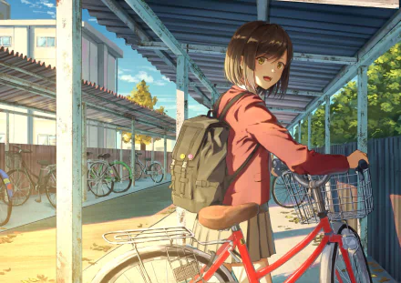 Anime girl in school uniform and short hair parking her bike in a sunlit school bike rack, suitable as an HD desktop wallpaper and background.
