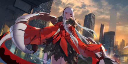 HD PC desktop wallpaper featuring a character in red and black attire from the video game Forever 7th Capital against a city skyline at sunset.