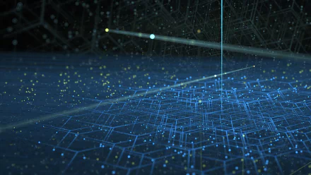 Abstract HD desktop wallpaper featuring blue glowing hexagonal geometric patterns created using Apophysis software. The image showcases an intricate, futuristic design with a grid-like structure.