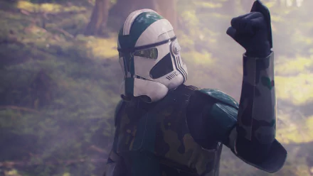 HD PC desktop wallpaper featuring Clone Commander Gree, a Star Wars clone trooper, set against a misty forest background in a sci-fi style.
