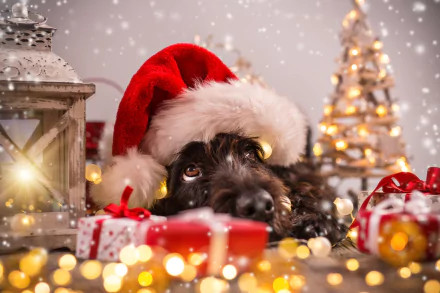 A dog wearing a Santa hat lies amid Christmas decorations, including wrapped gifts and sparkling lights. The festive scene makes for a charming HD desktop wallpaper.