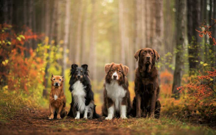 Four dogs, including a Labrador Retriever, Shetland Sheepdog, and Border Collie, sitting in a forest during fall. Beautiful HD desktop wallpaper and background.