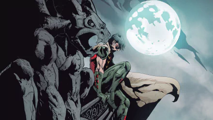HD desktop wallpaper: DC Comics' Jason Todd as Red Hood/Robin (Red Hood and the Outlaws), perched on a gargoyle under a full moon in comic-style art.