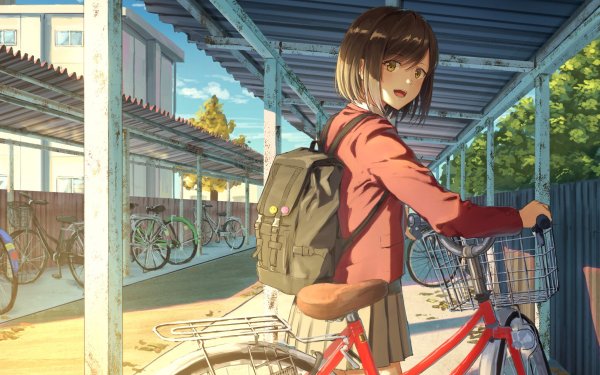 Anime Girl Bike Short Hair Schoolgirl School Uniform Sunlight HD Wallpaper | Background Image