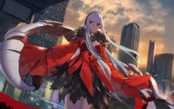 HD PC desktop wallpaper featuring a character in red and black attire from the video game Forever 7th Capital against a city skyline at sunset.
