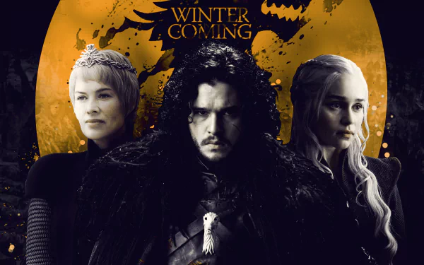 4K Ultra HD Game of Thrones wallpaper featuring Lena Headey as Cersei Lannister, Kit Harington as Jon Snow, and Emilia Clarke as Daenerys Targaryen with a “Winter is Coming” backdrop.