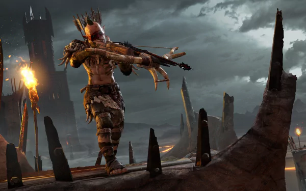 4K Ultra HD PC desktop wallpaper: Middle-earth: Shadow of War video game scene — crowned orc warlord aims a crossbow atop jagged battlements under a stormy sky.